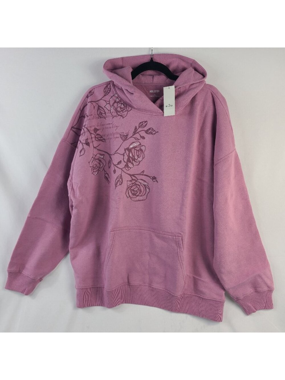 NEW Hollister Women's XL Mauve Hoodie Rose Graphic Design Kangaroo Pocket